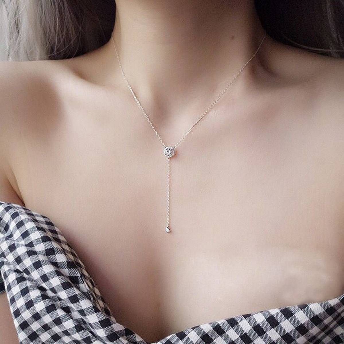 Romantic Women Jewelry Hot Fashion pure 925 silver Chain CZ Circle Lariat Necklace Long Strip cute girls charm Pendant Necklaces
