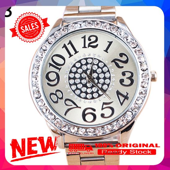 Women Luxury Big Numbers Round Dial Rhinestone Inlaid Alloy Quartz Wrist Watch