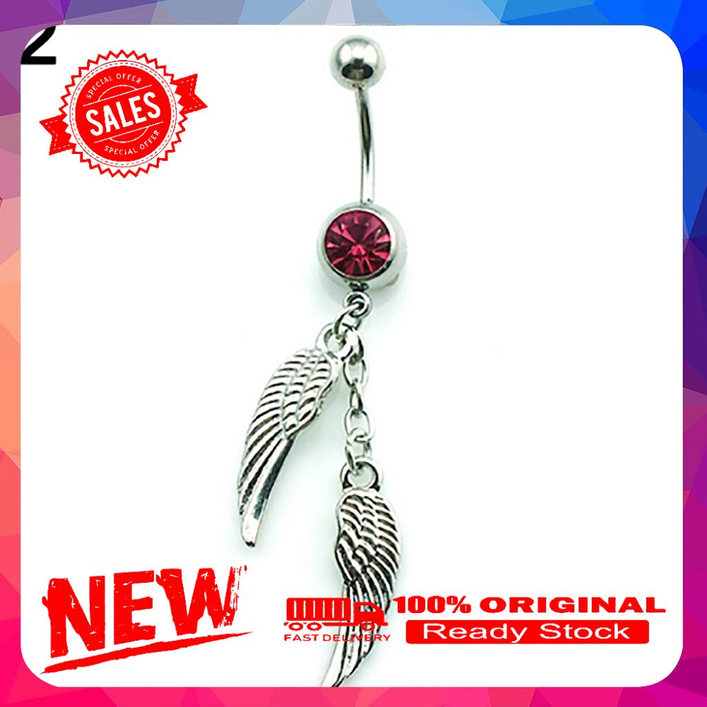Women Rhinestone Double Wings Dangle Belly Button Ring Navel Ring Body Piercing