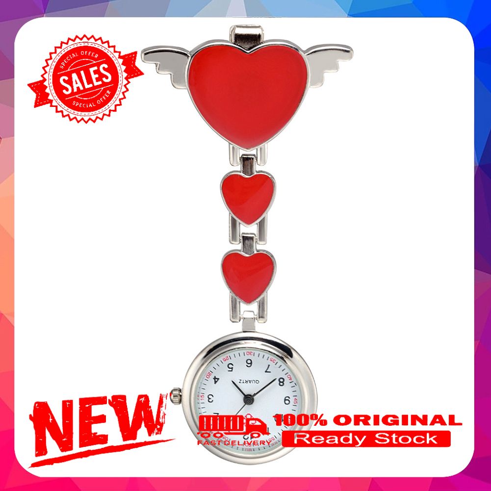 Fashion Women's Love Heart Wings Quartz Clip-On Fob Nurse Hanging Pocket Watch