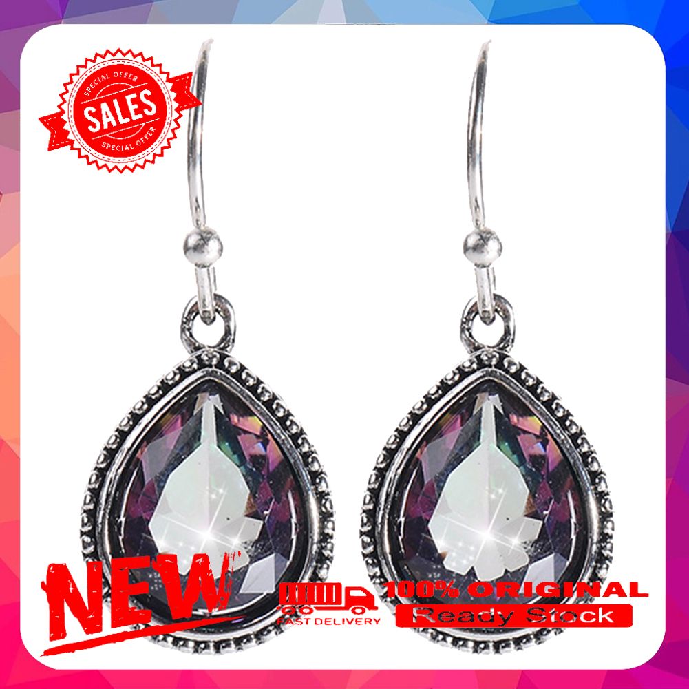 Retro Rainbow Rhinestone Water Drop Pendant Women Hook Earrings Jewelry Gift