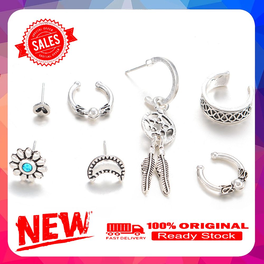7 Pcs Retro Women Dream Catcher Moon Heart C Shape Hoop Earrings Ear Studs Set