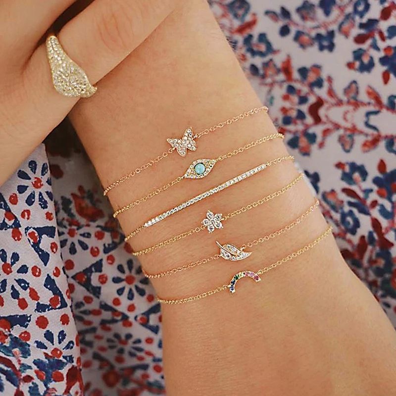 6pcs/set Fashion Crystal Butterfly Bracelets Set For Women simple Leaves flower