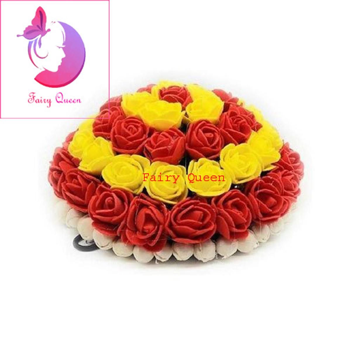 Artificial red and yellow color flower hair khopa for girls and women - 1 pcs