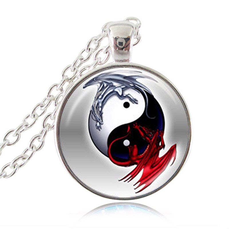 Yin Yang Dragon Pendant Chinese Eight Diagrams Necklace Astrology Zodiac Jewelery Tai Pendant for Him Glass Cabochon Choker HZ1