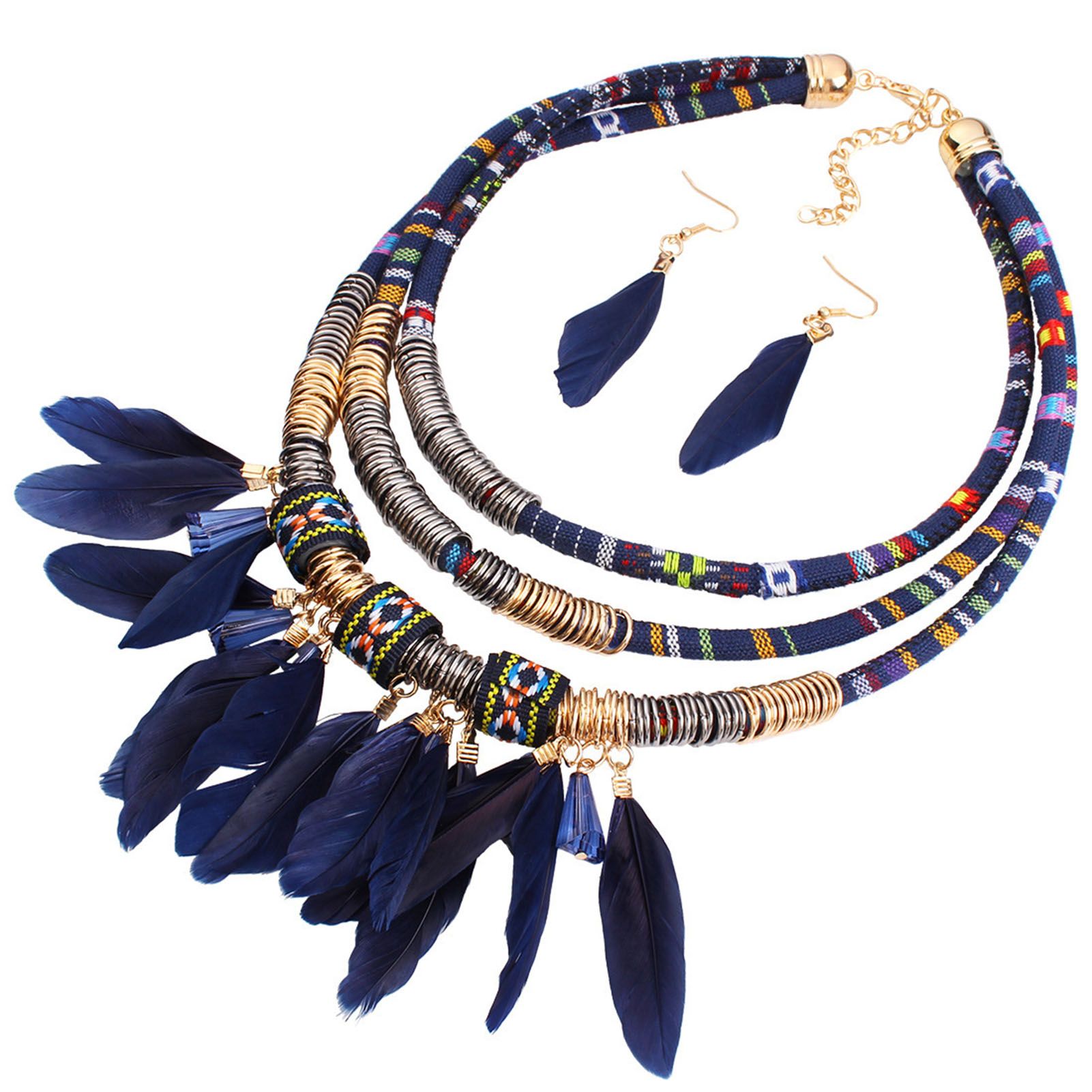2Pcs/Set Feather Tassel Necklace Earrings Set Multilayer Alloy Bohemian Ethnic Jewelry Set Jewelry Accessory