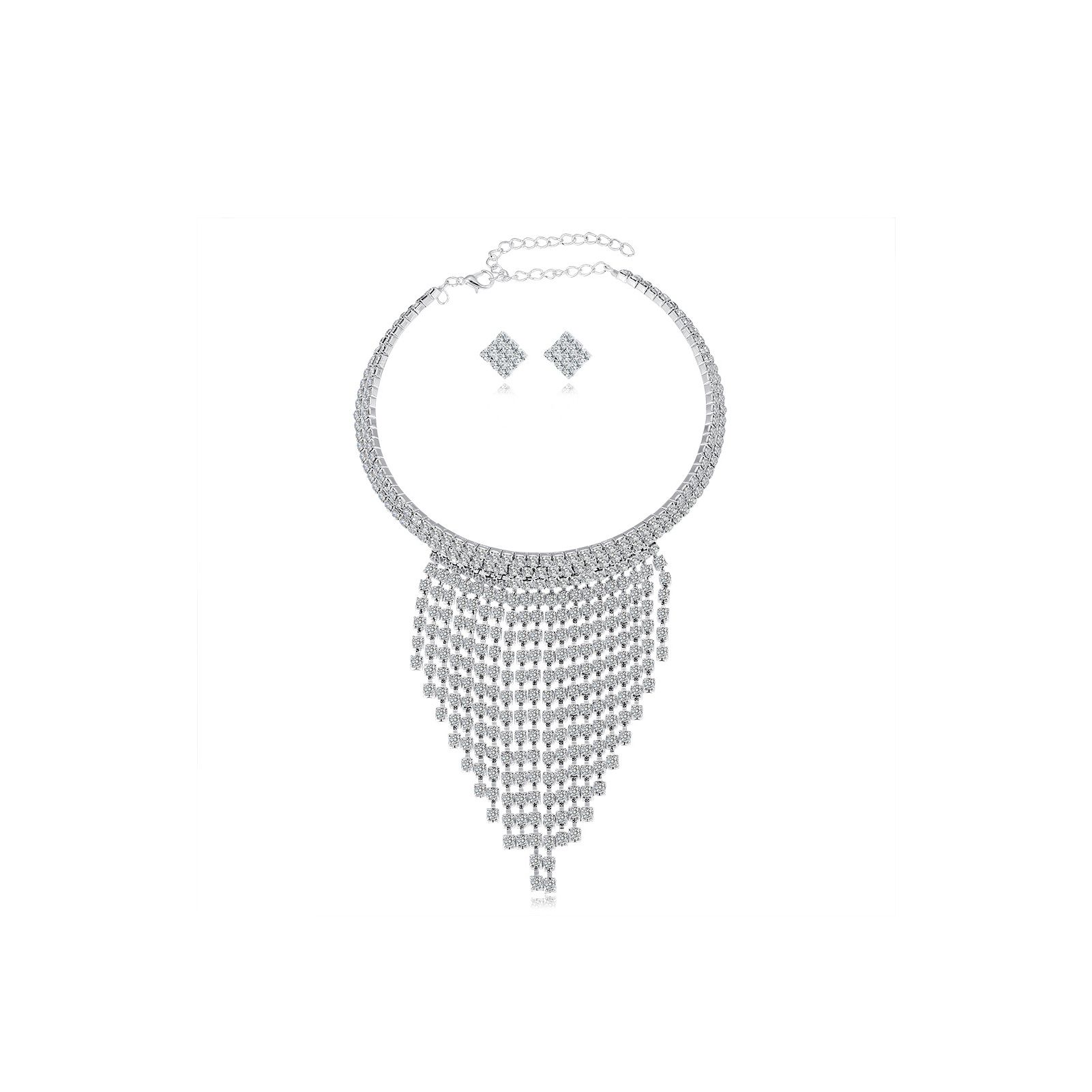 Women Stylish Rhinestone Necklace Earrings Wedding Party Banquet Jewelry Set