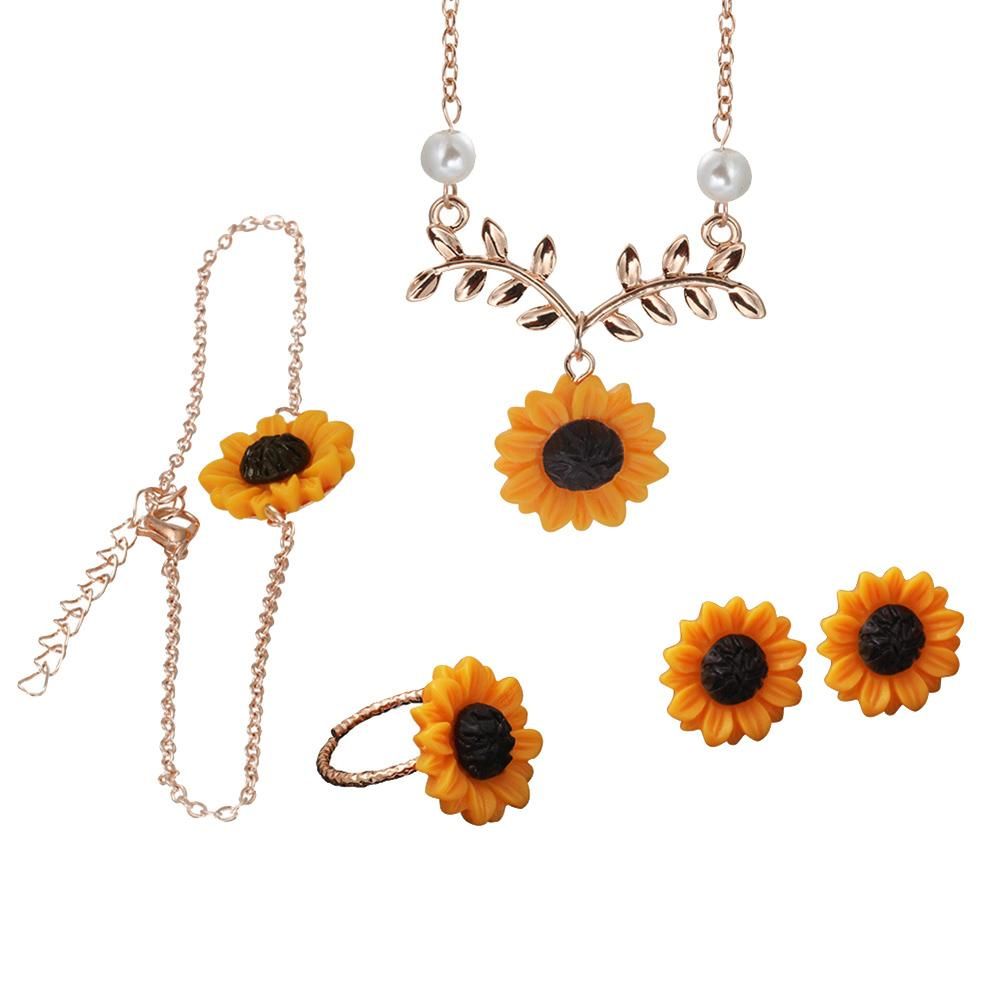5Pcs/Set Fashion Sunflower Pendant Earrings Ring Bracelet Jewelry