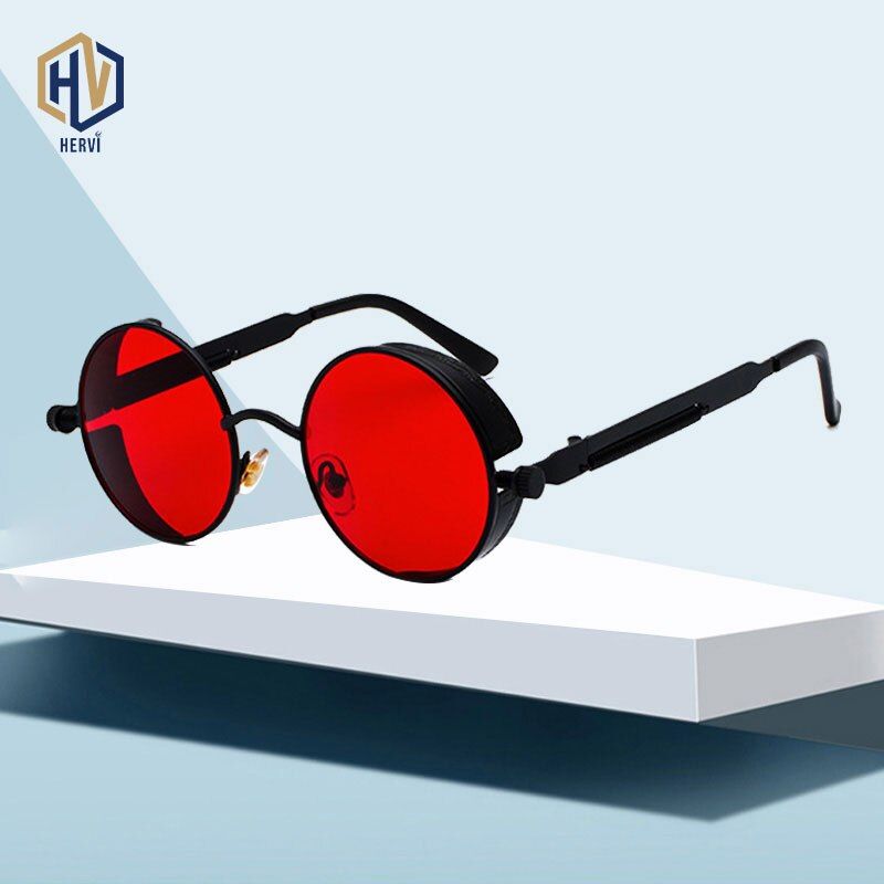 14Retro Women Round Steampunk Sunglasses Brand Design Fashion Men Punk Goggle Sunglasses Mirror/Red Tinted Lens UV400