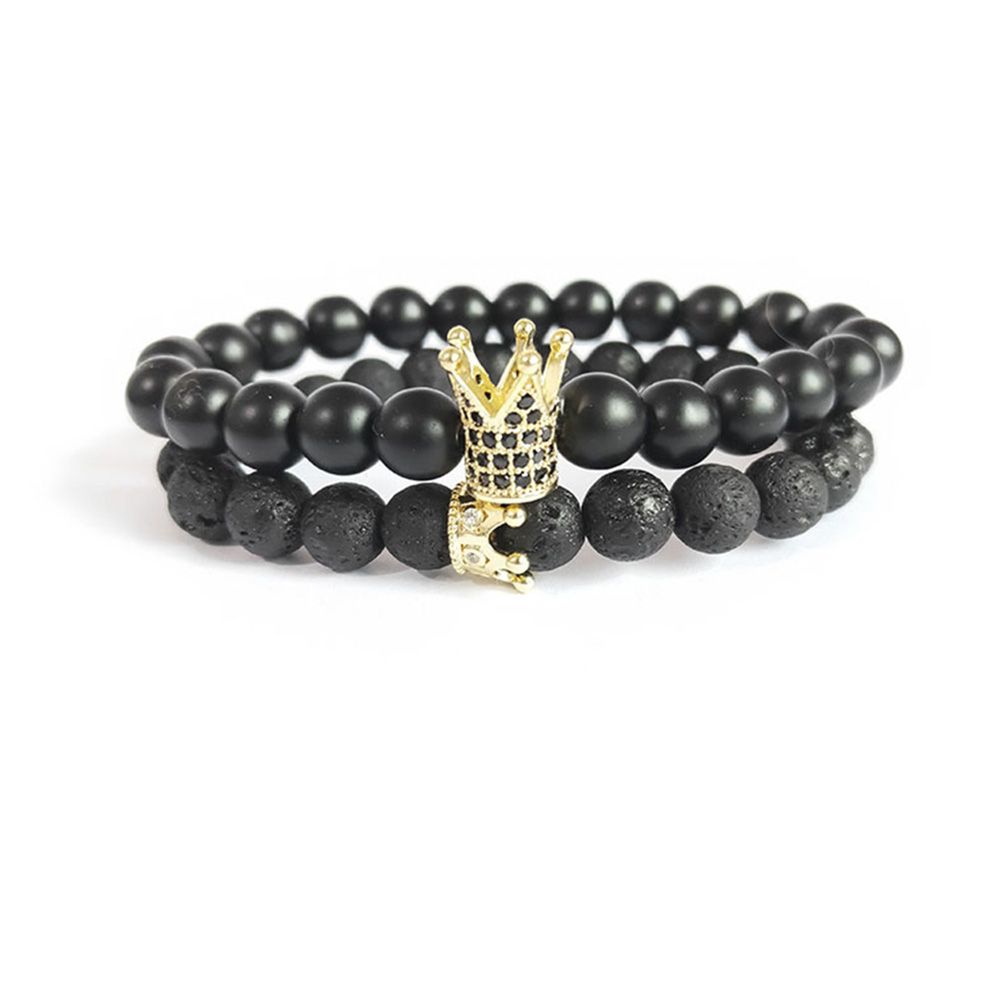 2Pcs Unisex Crown Charm Natural Stone Beaded Elastic Bracelet Bangle Jewelry Set