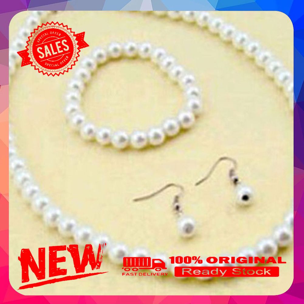Elegant Women Faux Pearl Beads Necklace Bracelet Hook Earrings Party Jewelry Set