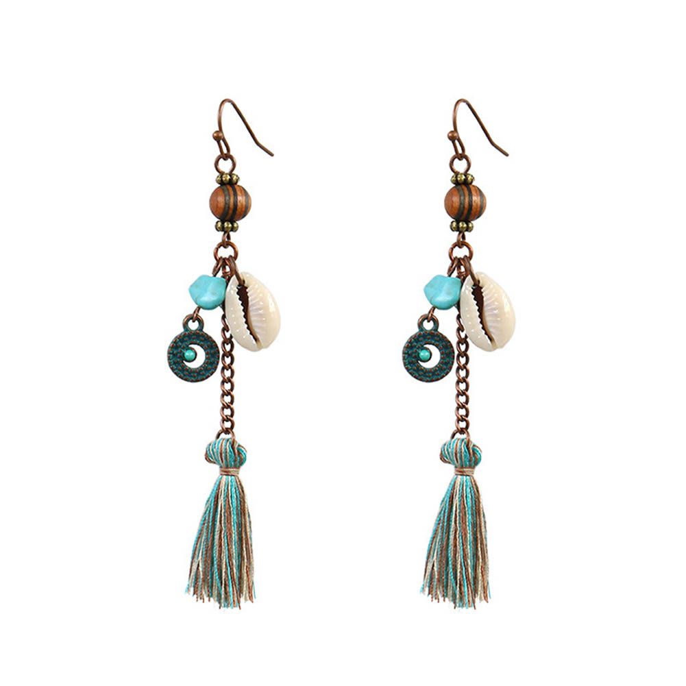 Bohemia Women Faux Turquoise Shell Tassel Long Dangle Hook Earrings Jewelry Gift