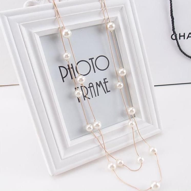Simulated Pearls Long Chain Sweater Necklace Double Layer Lady Clavicle Collar Elegant Jewelry Party Prom Necklaces Pearl