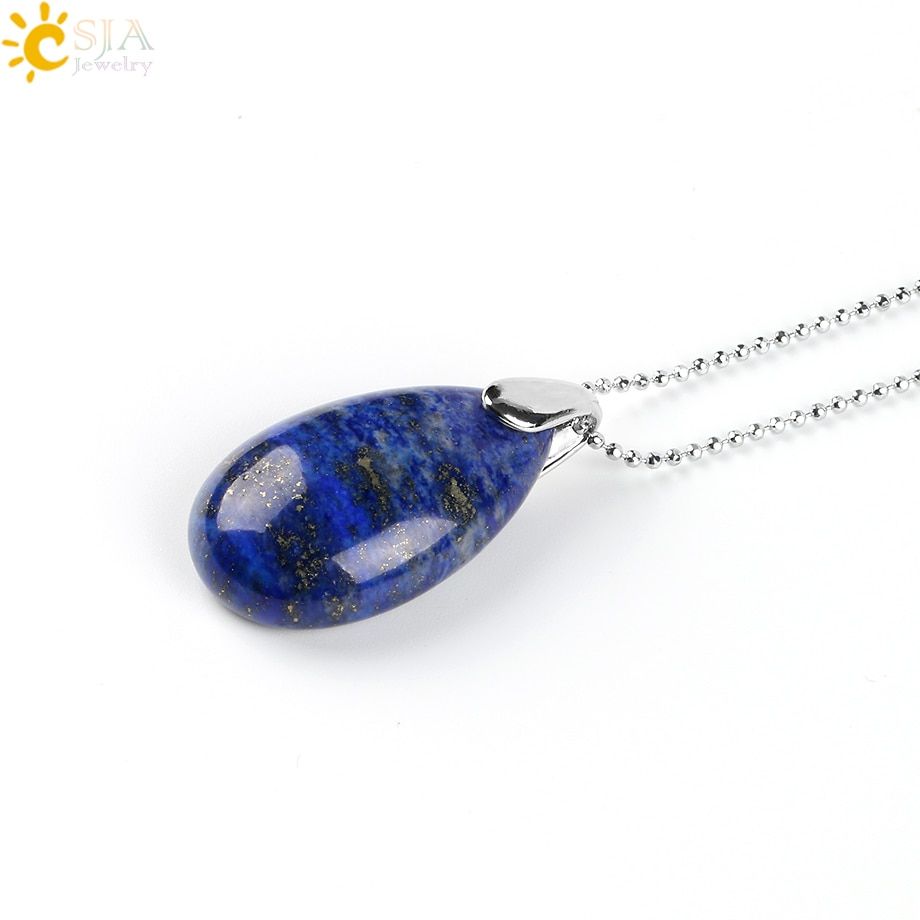 CSJA Natural Gem Stone Water Drop Necklaces Pendants Tiger Eye Lapis Lazuli Clear Crystal Opal Reiki Healing Jewellery Gift E526