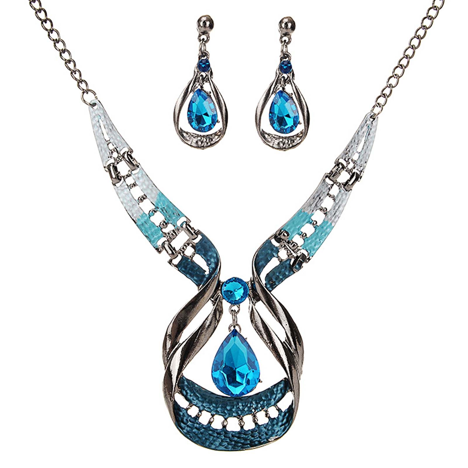 2Pcs/Set Exaggerated Noble Beautiful Necklace Earrings Set Water Drop Faux Gem Pendant Necklace Earrings Jewelry Accessory