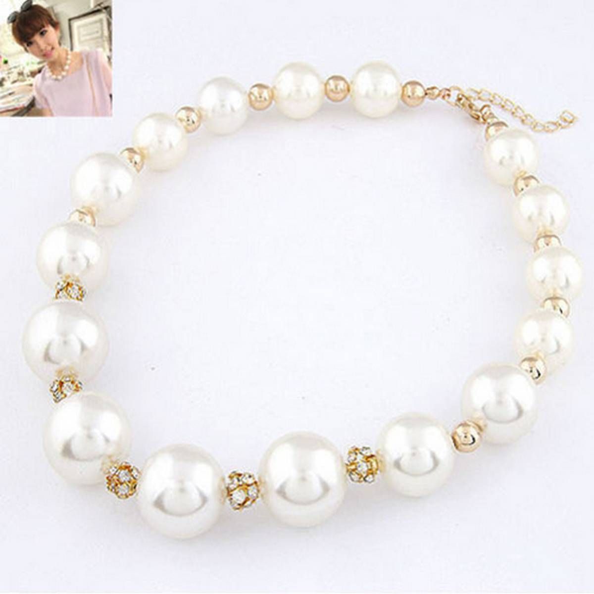 Women's Gorgeous Luxury Big Faux Pearl Rhinestone Bib Statement Chain Necklace