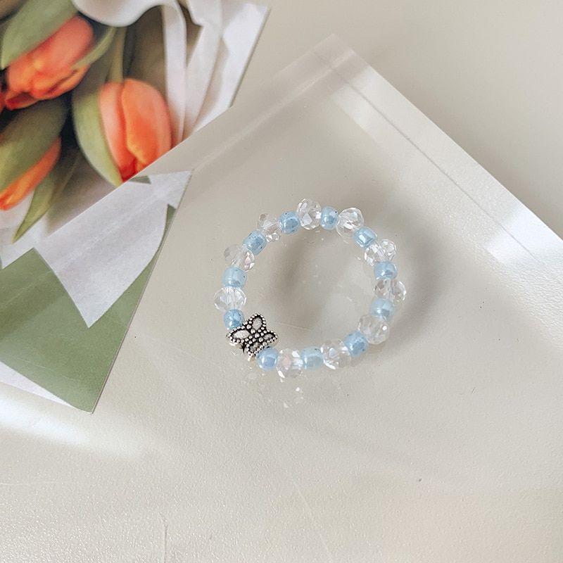 Hangzhi 2020  Korea Colorful Clear Elastic Resin Butterfly Natural Freshwater Pearls Beaded Rings for Women Party  Jewelry