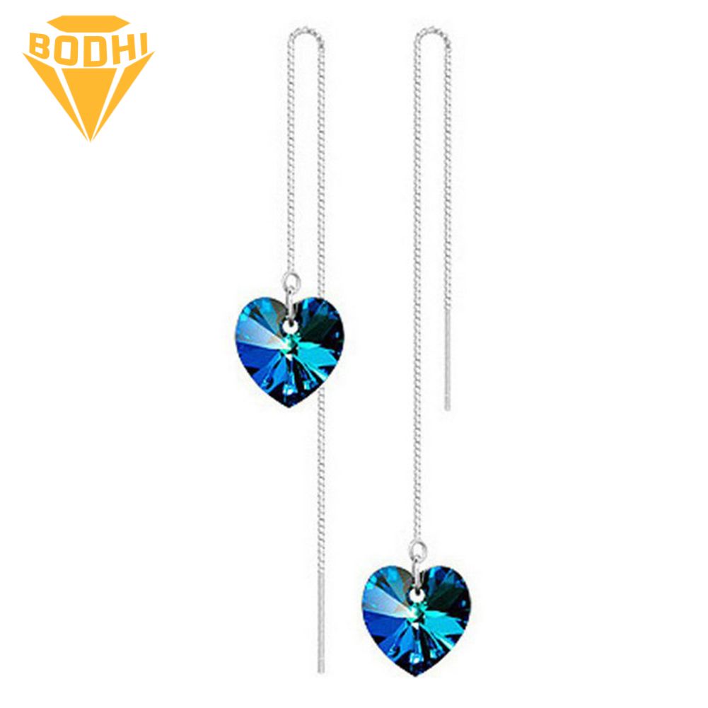 Women Heart Shape Rhinestone Long Linear Chain Dangle Threader Earrings Jewelry
