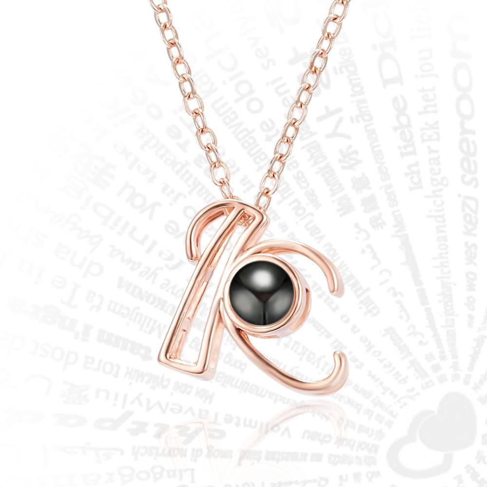 1PC 100 Languages I Love You Projection A-Z 26 Letters Shape Rose Gold Copper Pendant Link Chain Initial Necklace