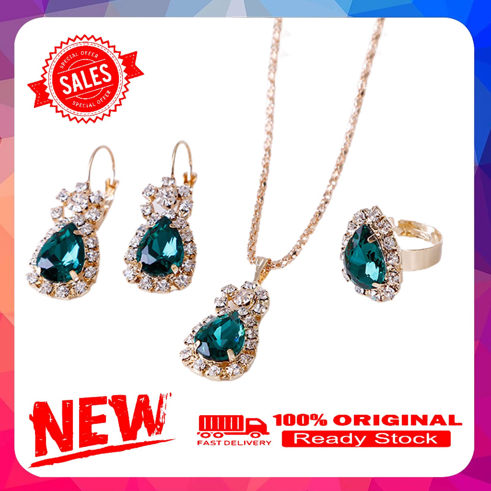 3Pcs/Set Women Water Drop Bright Alloy Rhinestone Pendant Necklace Earrings Ring Jewelry Set for Valentine Day