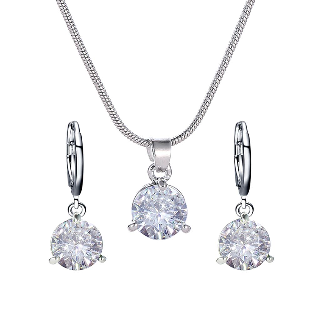 Women Round Cubic Zirconia Pendant Chain Necklace Hoop Earrings Jewelry Set