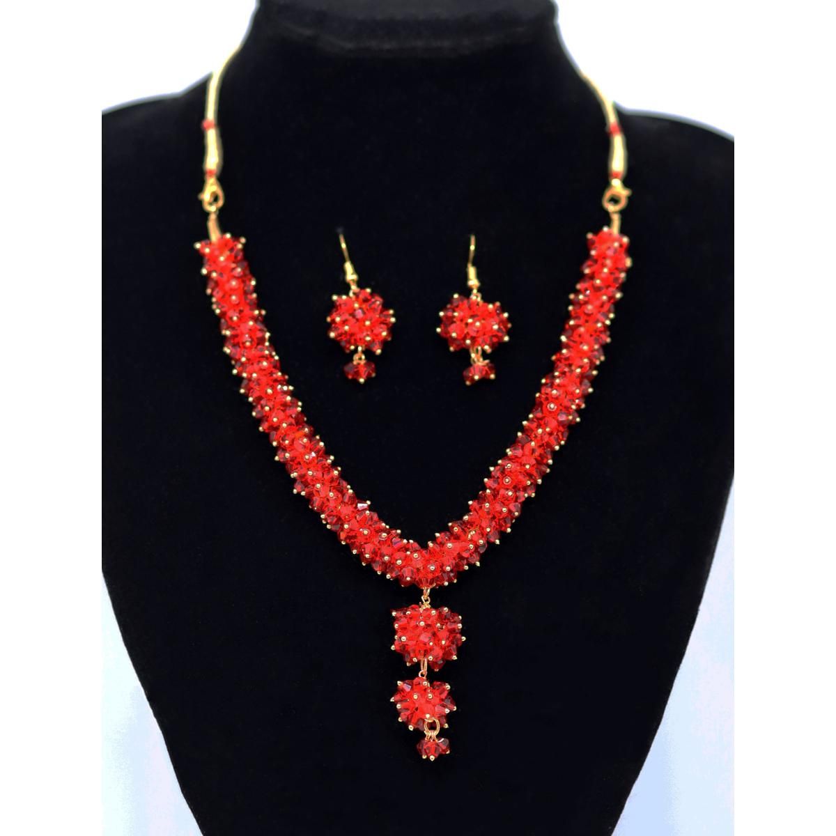 Crystal Shiny Red Stone Necklace with Earrings
