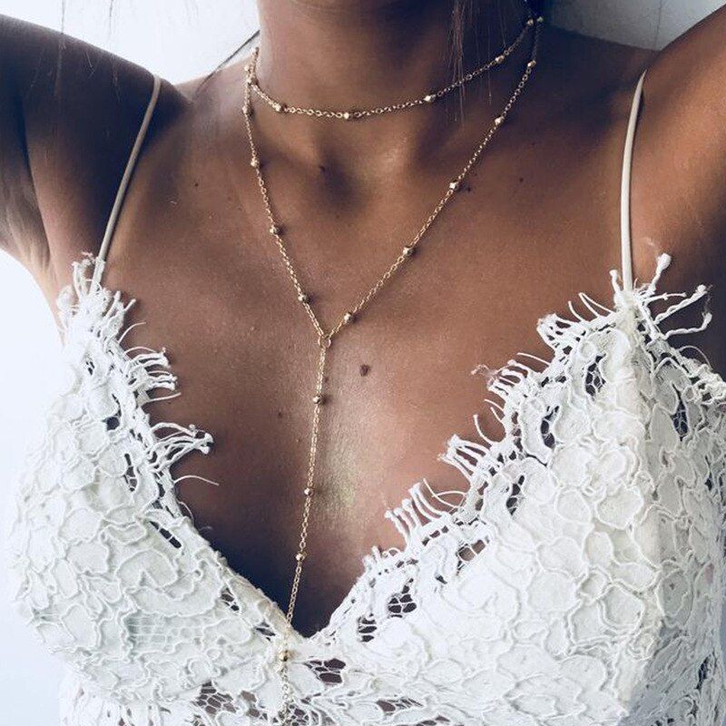 Trend Bohemian Gold Multi-layer Bead Chain Necklace Female Retro 3 Layer Simple Beach Girl Collar Necklace Jewelry