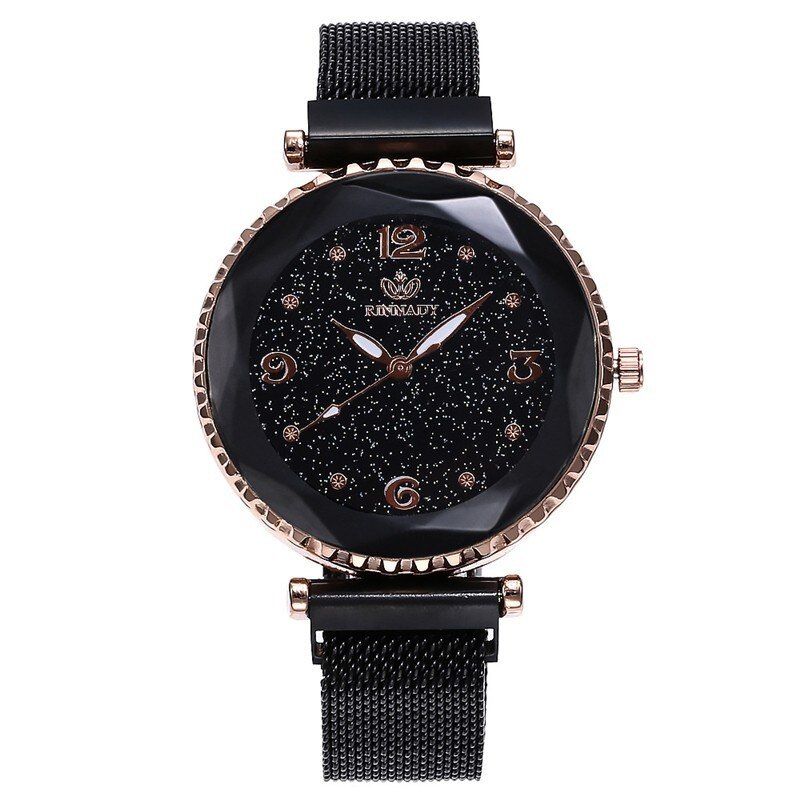 Luxury Mesh Ladies Clock Magnet Buckle Starry Diamond Geometric Sur Casual Dress Quartz Wristwatch Women Watches Rose Watch