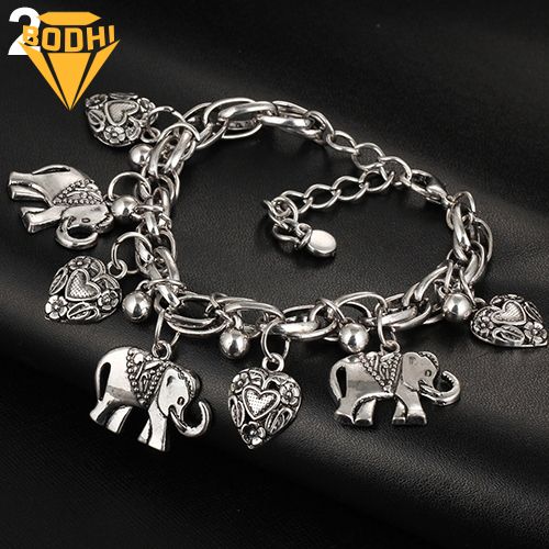 Women's Vintage Unique Carved Heart Elephant Shiny Pendant Bracelet Bangle