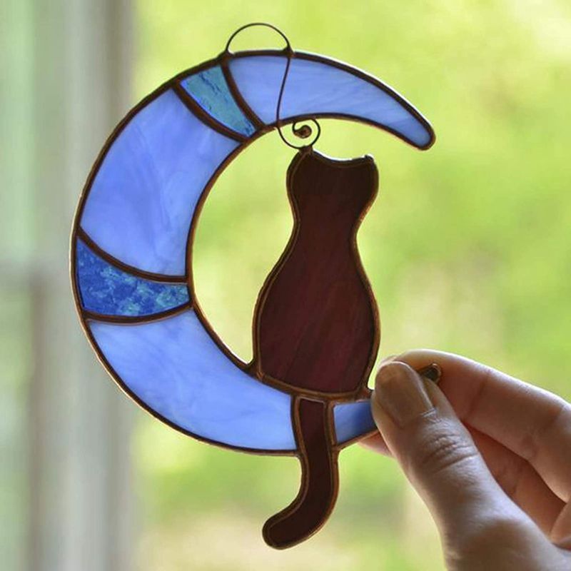 Cat on the Moon Hanging Ornament Wind Chime Sunbathing Moon Cat Back View Pendant Home Window Decor Pendants