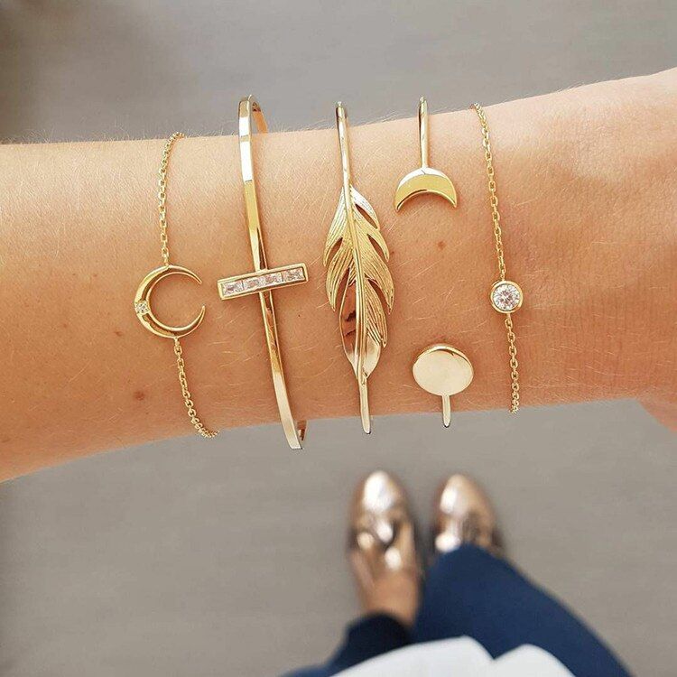 Bls-miracle Romantic Round Clip Arrow Bangles Set For Women Crystal Gold Color Cute Charm Multilayer Bacelets Jewelry Girl Gifts