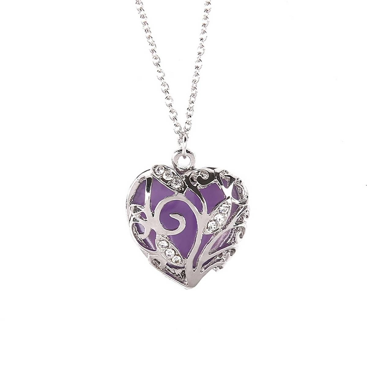 Fashion Women Hollow Out Heart Rhinestone Pendant Luminous Chain Necklace Gift