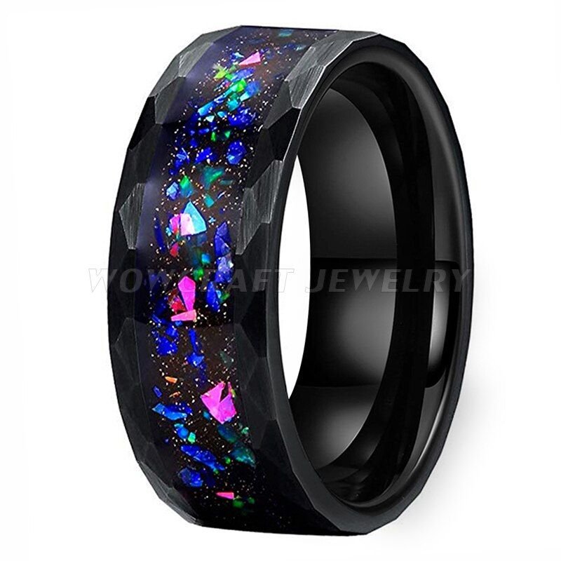 8mm Hammered Tungsten Carbide Rings for Men Women Wedding Bands Galaxy Crushed Opal inlay Brushed Finish Comfort Fit