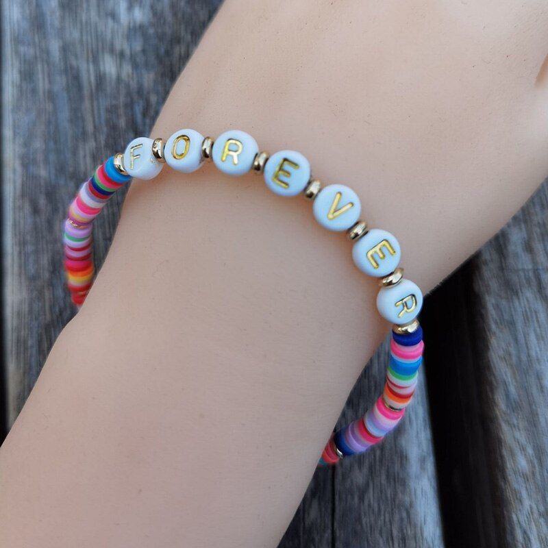 2021 style Handmade Polymer Clay Fashion Bracelet For Women Boho Bracelets Handmade Beads Letter Golden Love Jewelry