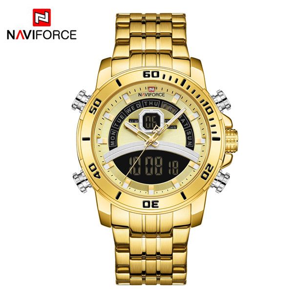"NAVIFORCE NF9181 Golden Stainless Steel Dual Time Wrist Watch For Men - Golden "