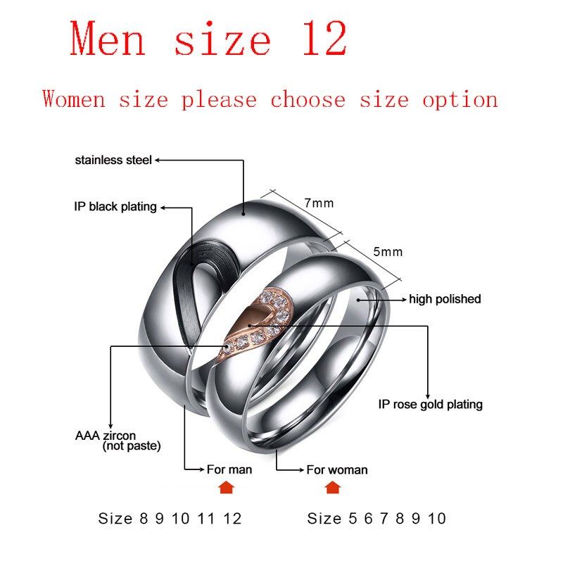 Vnox Love Heart Ring Anniversary Engagement Wedding Titanium Steel Jewelry 1 Pair