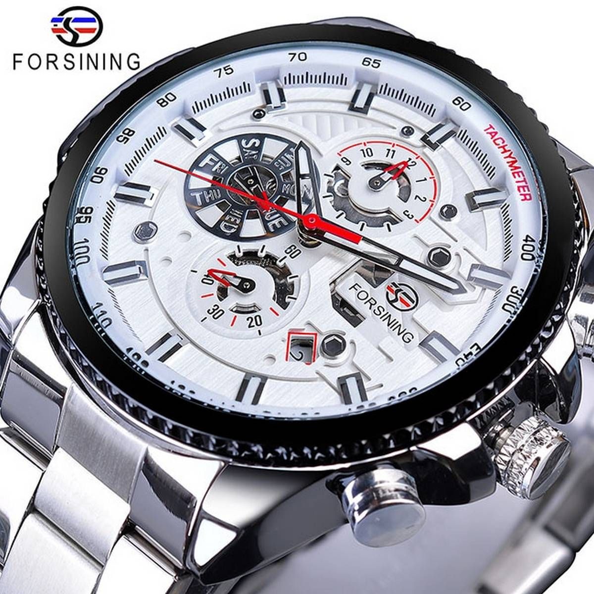 Forsining Top Brand Luxury Date Luminous Hands Complete Calendar Mens Automatic Watches Silver Stainless Steel Strap Wrist Watch