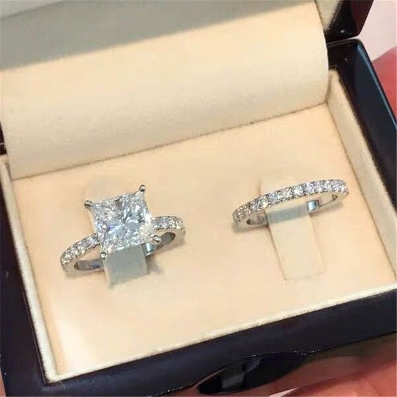 Luxury Female White AAA Zircon Wedding Ring Set Fashion 925 Silver Filled Jewelry Promise Engagement Rings For Women