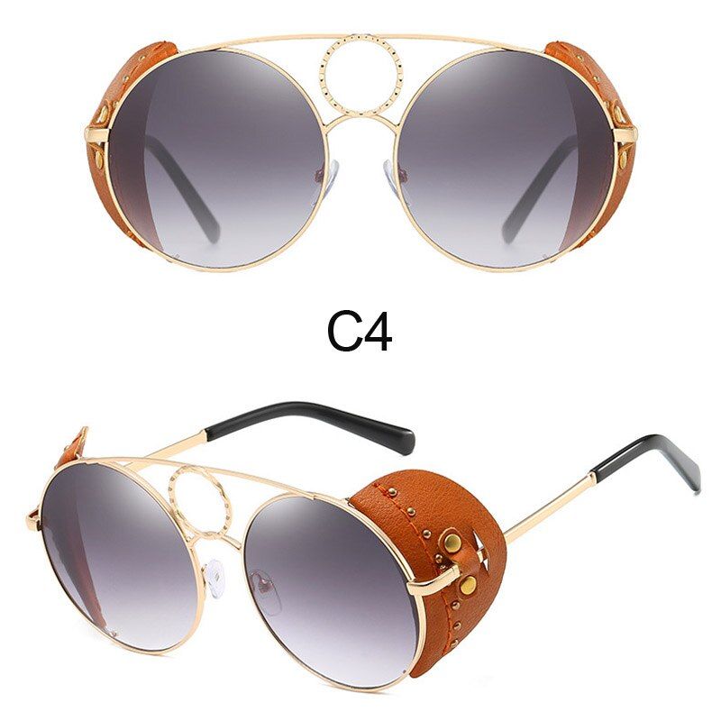 42020 Luxury Brand Leather Frame Round Sunglasses Women Steampunk Alloy Rivet Sun Glasses High Quality Oversize Mirror Shades