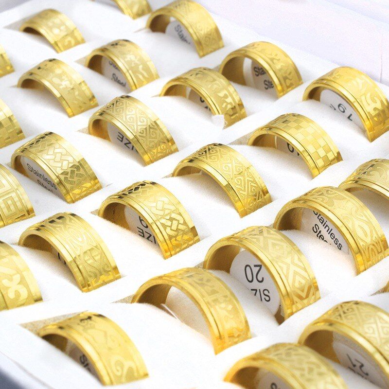 20 Pieces/lot Mix Style Vintage Stainless Steel Rings Men Jewelry Gold Color Bohemian Statement Rings Wholesale Width 8mm