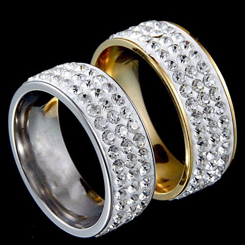 1Pc Women Men Luxury Three Rows Rhinestones Couple Gift Finger Wedding Band Ring