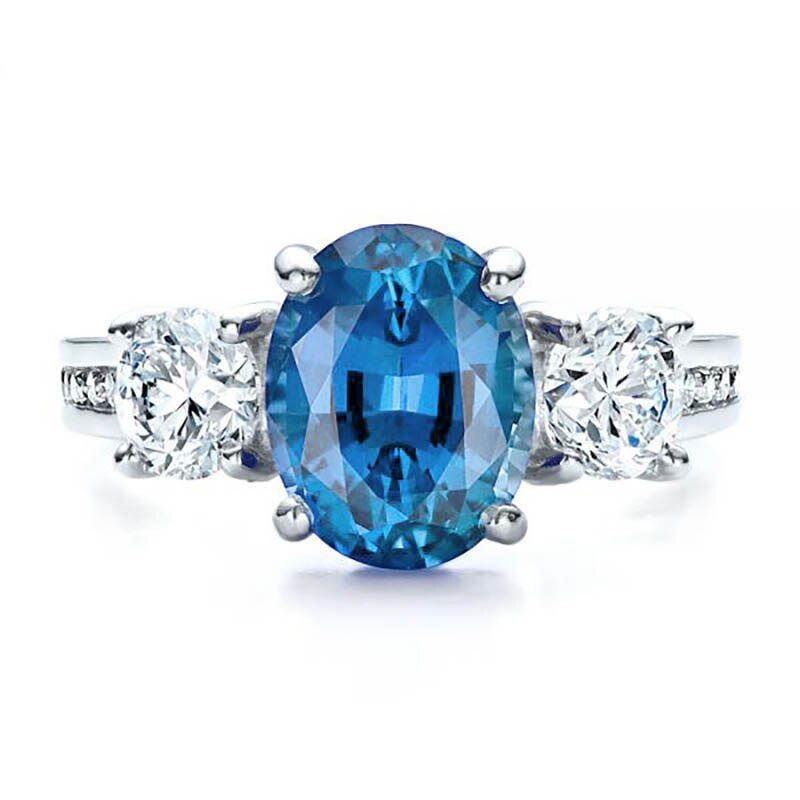 Jellystory fashion 925 Sterling Silver Ring with 10mm oval shaped sapphire Rings Jewellery for Women Wedding promise Party gifts