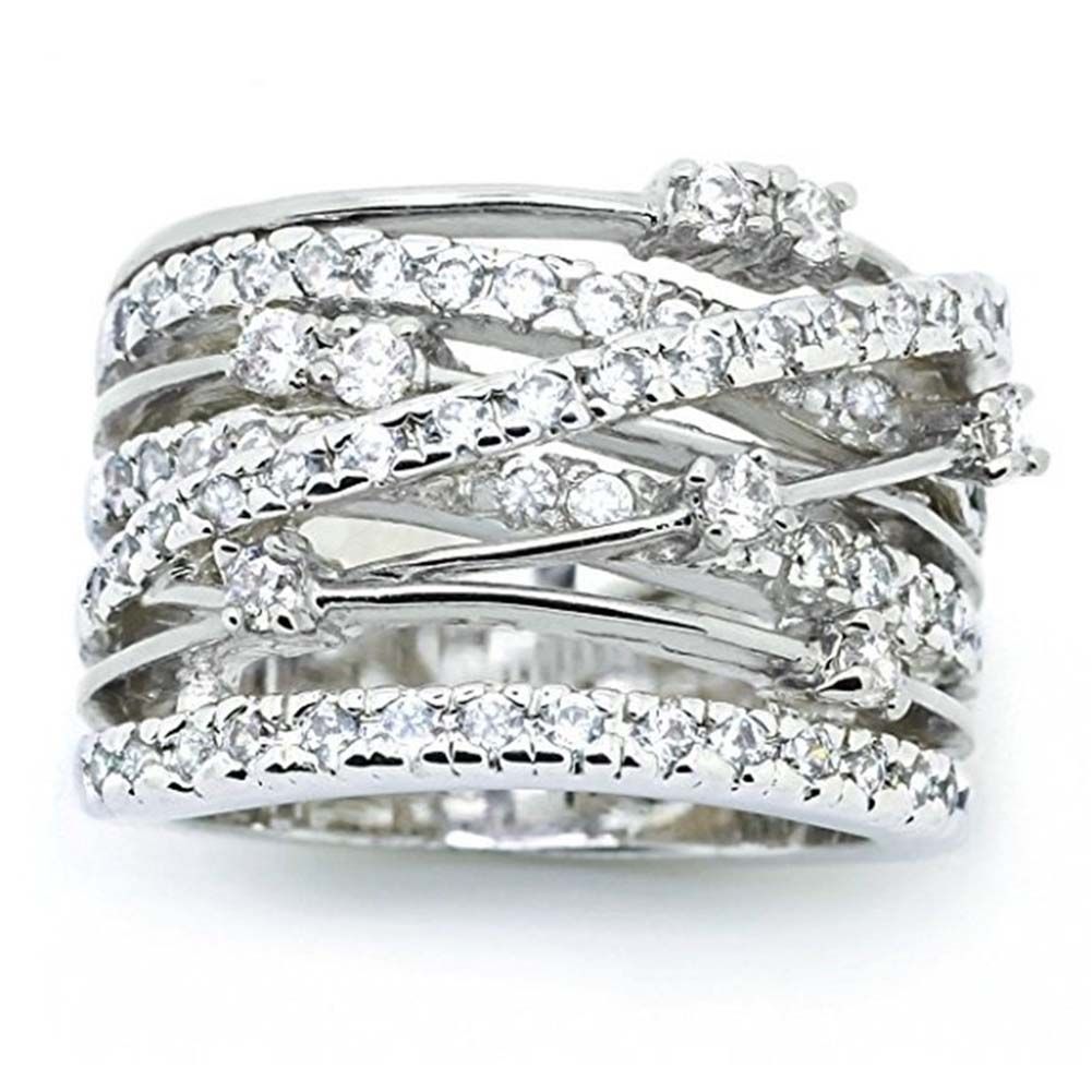 Women Rhinestone Inlaid Crossover Wide Band Finger Ring Wedding Jewelry Gift