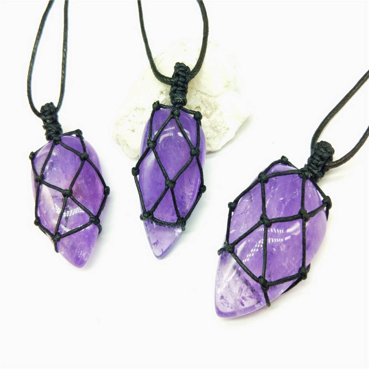 Waterdrop Amethyst Stone Pendant Woven Rope Necklace Jewelry Gift