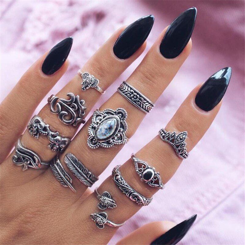 Miss JQ  4PCS/Set Antique Silver Color Vintage Carved Flower Rings Set For Women Bohemia Knuckle Ring Set Party Jewelry anillos