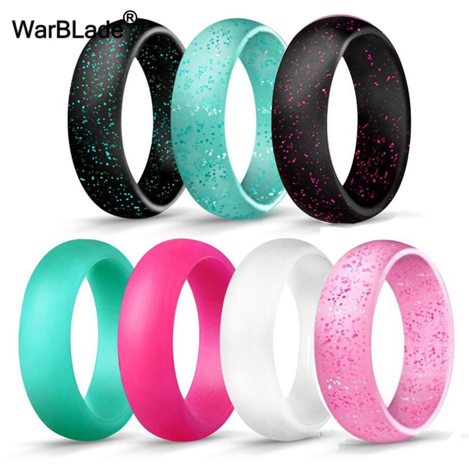 7pcs 4-10 Size Hypoallergenic Crossfit Flexible Glitter Silicone Ring Food Grade FDA Rubber Finger Ring For Women Wedding Rings