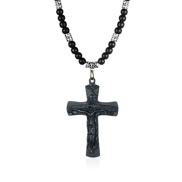 3pcs Religious Jesus Cross Pendant Necklaces Saint Benedict Medal Necklace for Men Stone Beads Rope Chain Black Unisex Jewelry