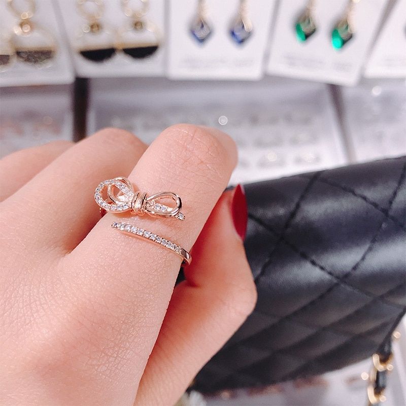 MENGJIQIAO  Elegant Zircon Bowknot Rings For Women Mid Finger Knuckle Fashion Adjustable Rings Jewelry Accessories