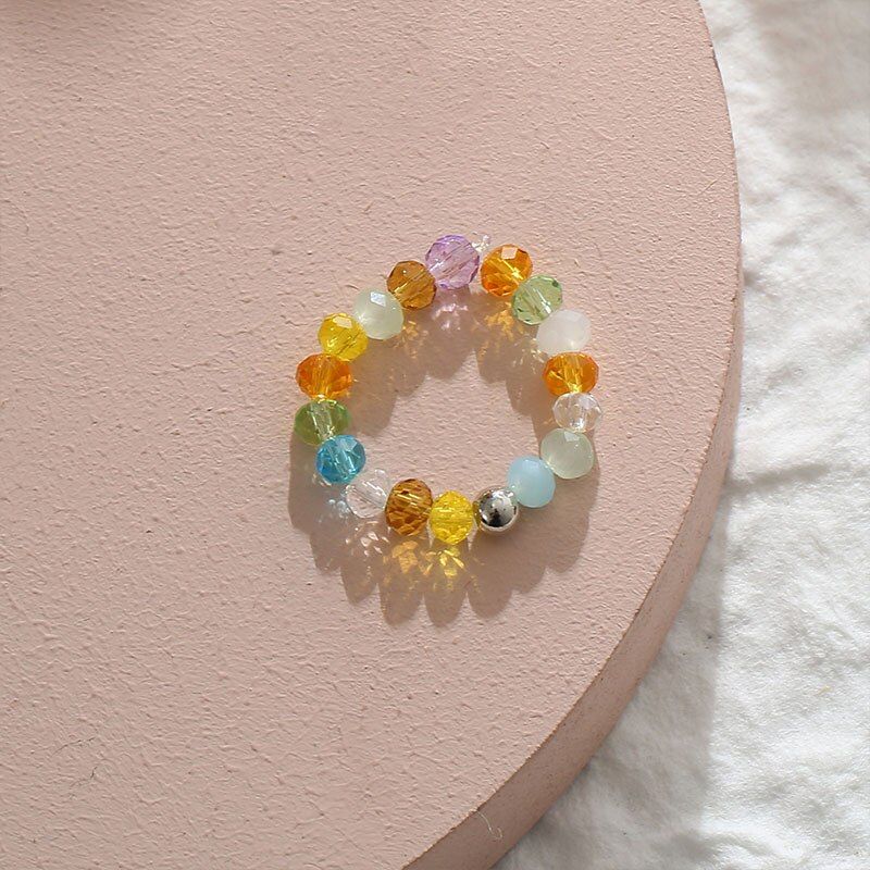 AOMU 2020 New Korean Cute Colorful Adjustable Small Beads Elastic Transparent Crystal Beaded Rings for Women Girls Party Jewelry