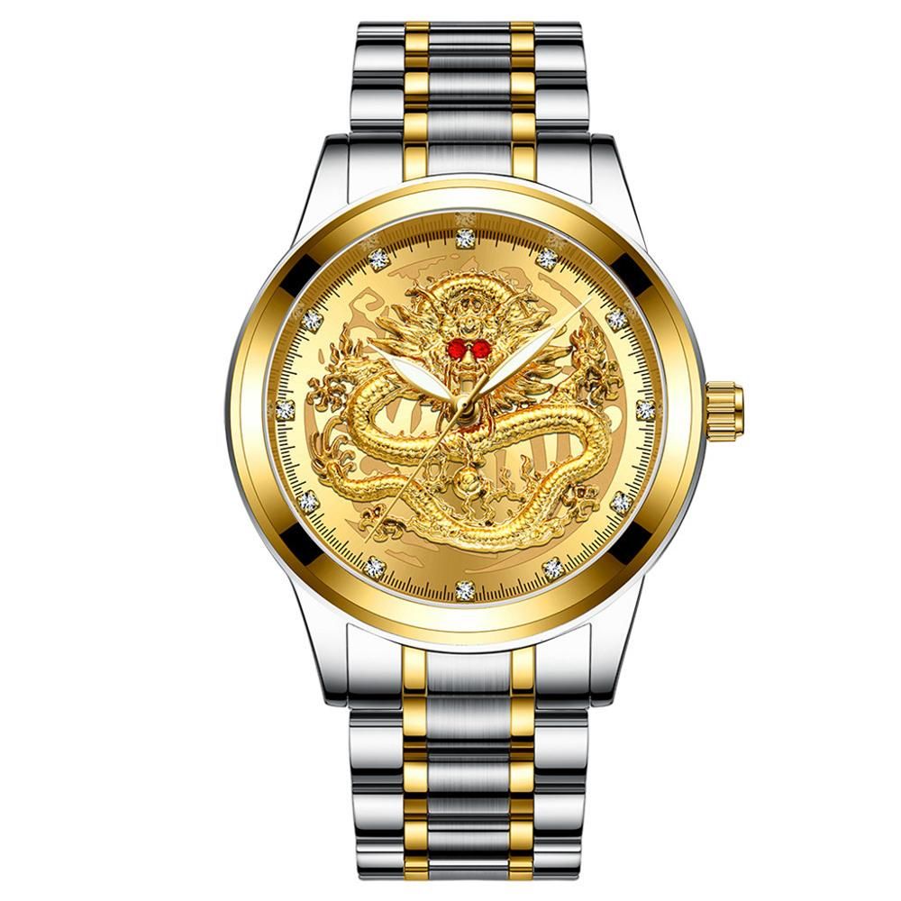 Luxury Business Man Watch Steel Waterproof Quartz Wrist Watch Male Clock Fashion Embossed Gold Diamond Ruby Dragon Face Watches
